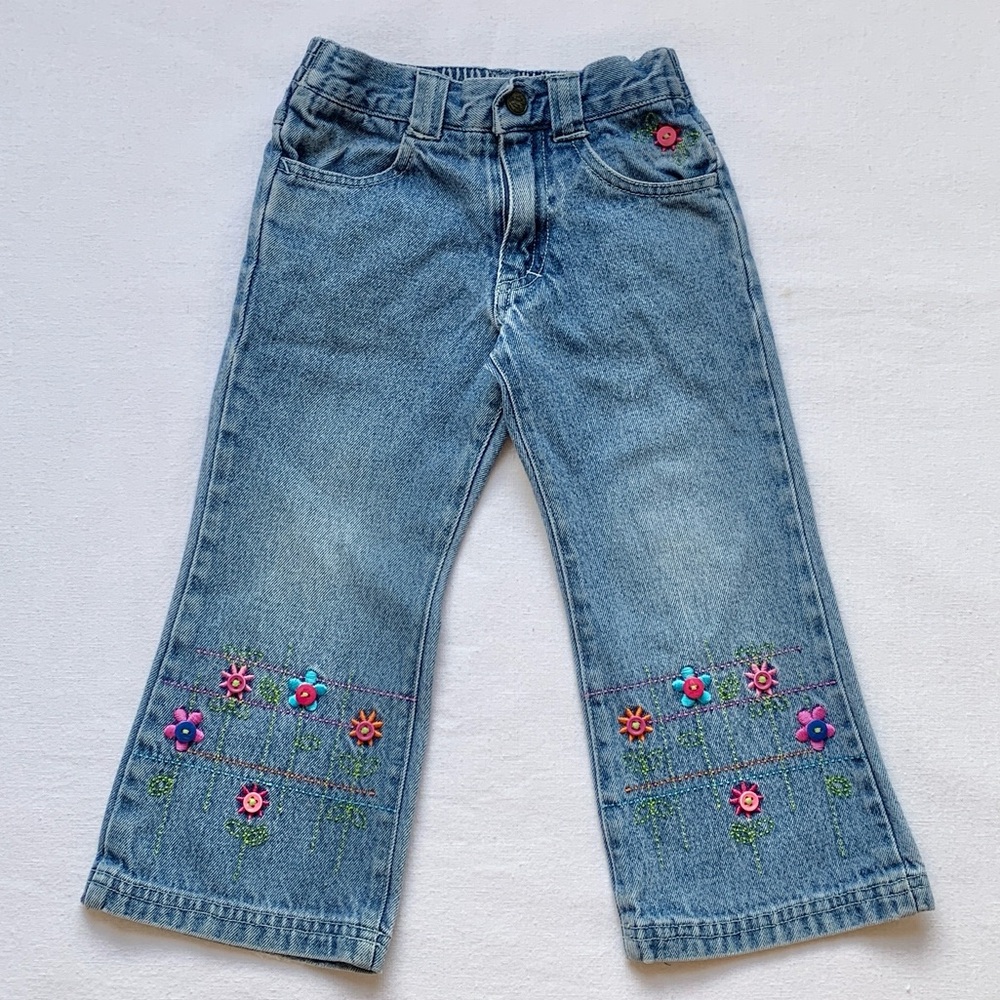 Buster Brown Vintage 100% Cotton Denim Blue Jeans with Floral Embroidery 2T